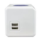 A white power cube with dual USB ports on one side.