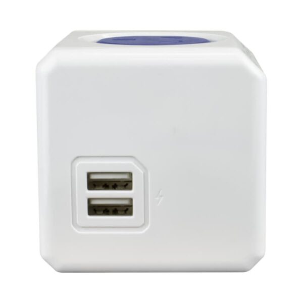 A white power cube with dual USB ports on one side.