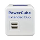 A white PowerCube Extended Duo with two USB ports on its side for charging devices. The cube design allows for multiple plug connections without blocking other outlets.