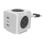 A white and gray power cube featuring multiple outlets on its sides and USB charging ports. It has a connected power cord and is designed for versatile plug-in options.