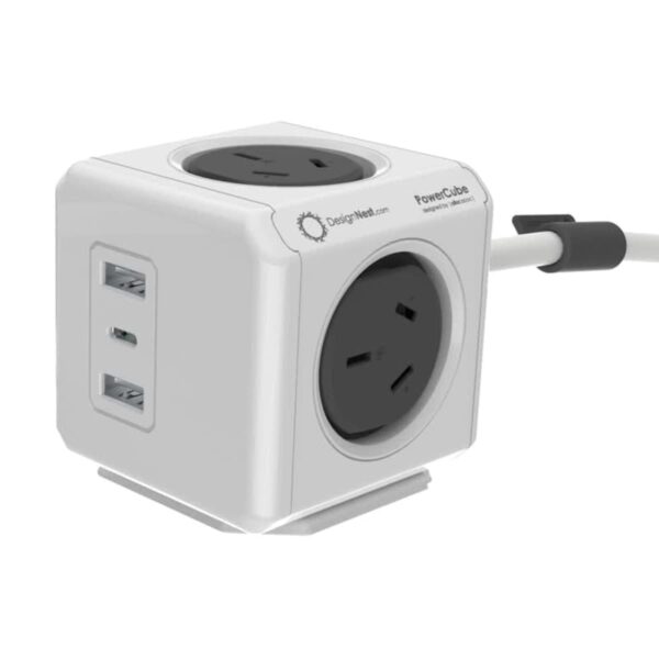A white and gray power cube featuring multiple outlets on its sides and USB charging ports. It has a connected power cord and is designed for versatile plug-in options.