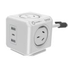 A white power cube with multiple outlets and USB ports. The device has a compact, cube-shaped design featuring a standard three-prong power outlet on each side, along with two USB ports on one side. A power cord is attached.