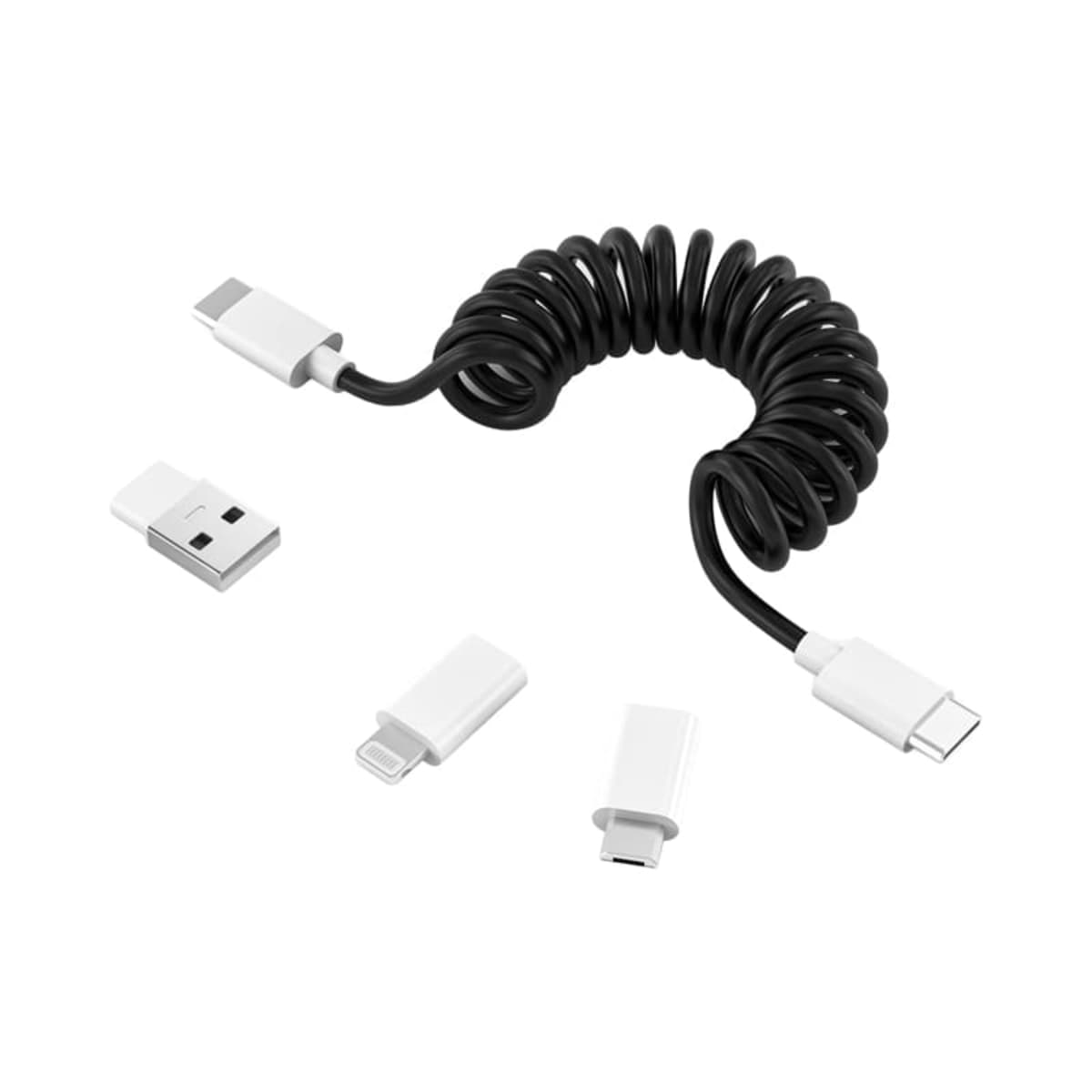 A coiled black charging cable with a USB-C connector on one end and various detachable adapters scattered around it, including USB-A, micro USB, and a Lightning connector.