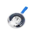 Coiled USB charging cable with multiple connectors, including USB and Micro USB, neatly packaged in a round, transparent plastic case with a blue handle.