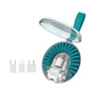 A compact travel charger set with a retractable USB cable, housed in a round translucent case with a teal handle. Includes three interchangeable adapter plugs for different devices.
