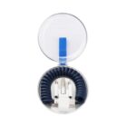 A coiled cable stored neatly inside a round, transparent container with a blue handle. The cable is secured around a white clip, ready for organization and easy transport.
