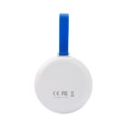 A white circular device with a blue strap is shown. On the back, it has CE and FCC certification marks and text that reads Assembled in China.