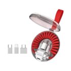 A compact travel kit containing a red coiled charging cable and three different charging adapters, stored in a white circular case with a transparent lid and red strap.