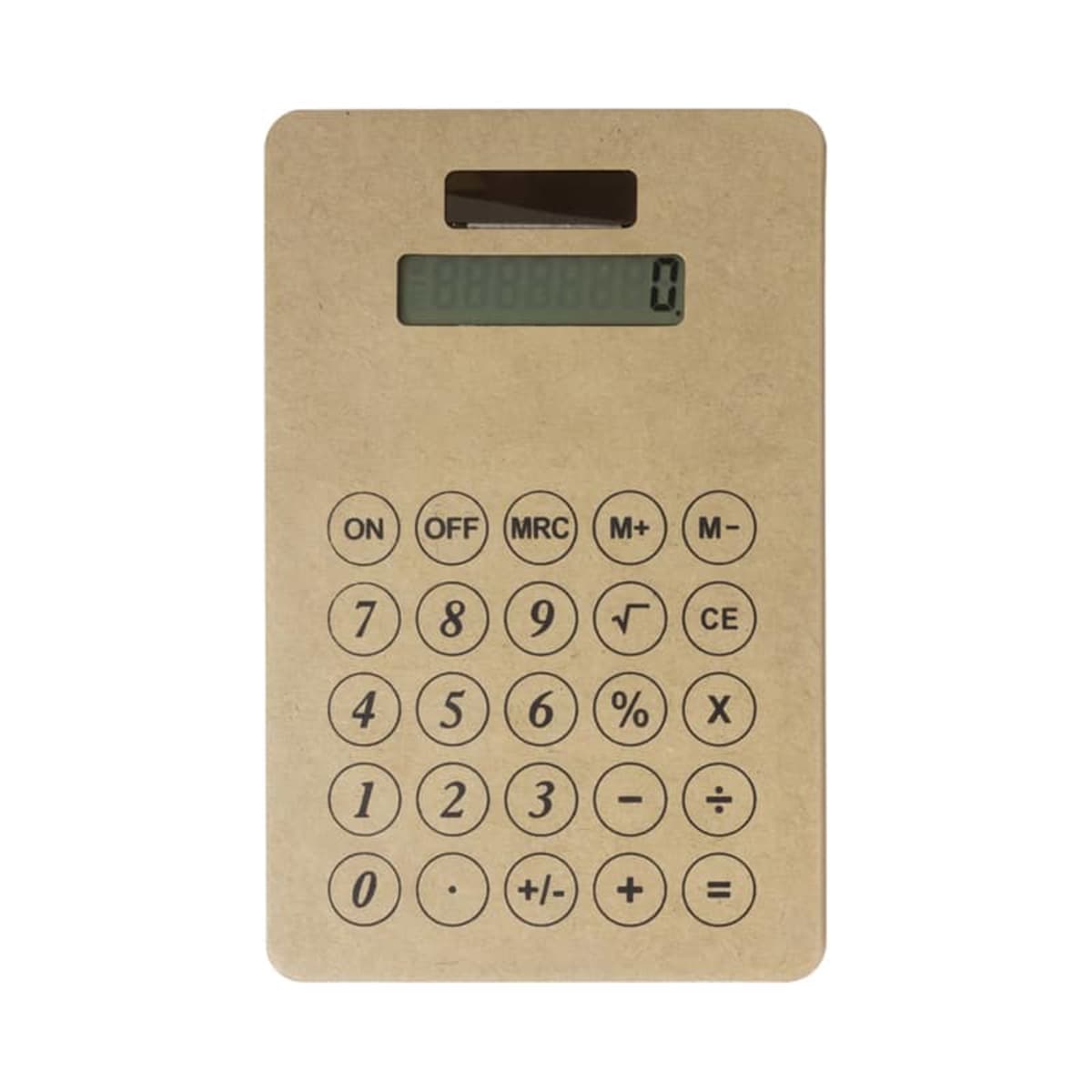 A simple, rectangular cardboard solar-powered calculator with black buttons and a basic display. It features standard numerical and arithmetic function keys, with a natural, eco-friendly appearance.