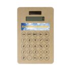 A solar-powered calculator with a cardboard-like finish featuring basic math function buttons and a small digital display at the top. The words Eco Solar Calculator are written across the center in yellow text.