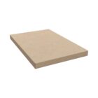 A rectangular piece of brown particle board, shown from an angled perspective, against a plain white background.
