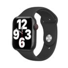 A smartwatch with a black band and a large digital display showing the time. The watch face features bold white numbers on a black background, with a red-tipped hour hand and a white minute hand.