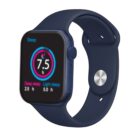 A dark blue smartwatch displaying sleep data. The screen shows Sleep with a total of 7.5 hours, including 2.5 hours of deep sleep and 5.0 hours of light sleep. The watch has a rounded square face and a silicone band.