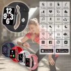 A woman exercises outdoors wearing a smartwatch. The image shows various smartwatches in different colors and a features list, including fitness tracking, heart rate monitoring, Bluetooth, app compatibility, and more. The device screen displays time and health data.