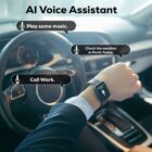 Person in a car wearing a smartwatch using an AI voice assistant. Commands displayed include Play some music, Check the weather in Perth today, and Call Work. The car interior is visible in the background.