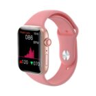 A pink smartwatch with a gold case displays a heart rate monitor screen showing 86 BPM at 10:10. The design features a side button and a colorful graph indicating heart rate levels.