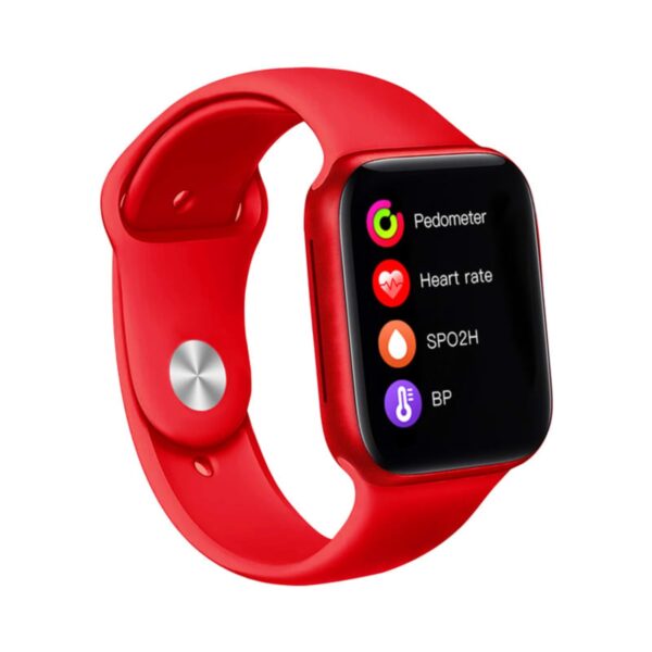 A red smartwatch with a rectangular display showing health metrics: pedometer, heart rate, SPO2H, and BP. The watch features a red band with a metal clasp.