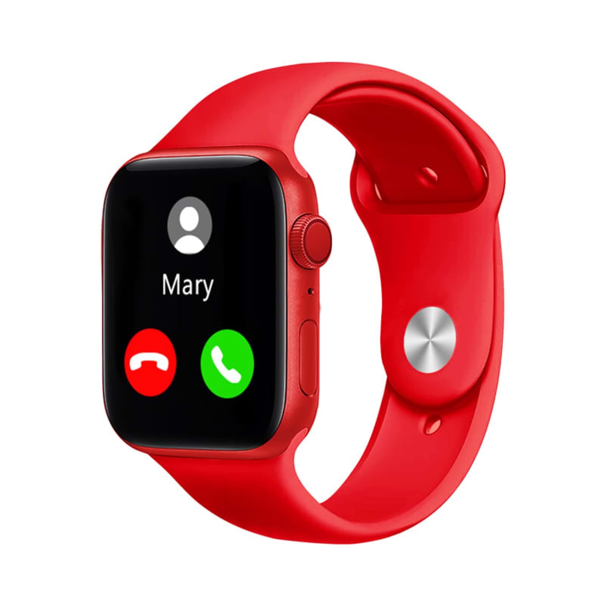 A smartwatch with a red band displays an incoming call screen. The screen shows a caller ID labeled Mary with green and red buttons for accepting or rejecting the call.