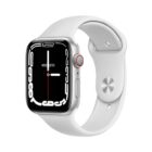 A silver smartwatch with a white band displays an analog clock on its black screen. The watch face shows a red second hand and white hour and minute hands, with the date Wed 10.