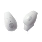 Two white wireless earbuds are shown against a white background. Each earbud has a small black dot and a fingerprint design printed on the surface, suggesting a focus on technology or security.