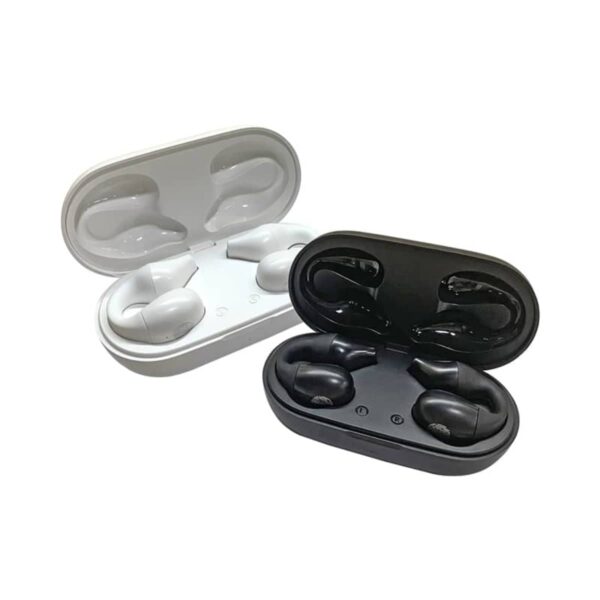 Two pairs of wireless earbuds are displayed in open charging cases. One pair is in a white case, and the other is in a black case. Both have a sleek, modern design set against a plain white background.