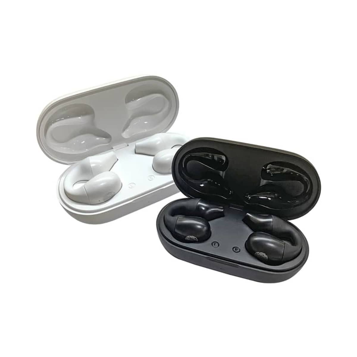 Two pairs of wireless earbuds are displayed in open charging cases. One pair is in a white case, and the other is in a black case. Both have a sleek, modern design set against a plain white background.