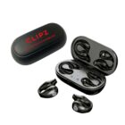 Open black charging case with four black Bluetooth earbuds inside and two additional earbuds outside. The top of the case is labeled CLIPZ Bluetooth Earbuds in red text.