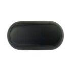 A black, oval-shaped object with a smooth surface, resembling a small cushion or pad, isolated on a white background.