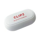 A white, oval-shaped charging case with the text CLIPZ BLUETOOTH EARBUDS in red on the lid, set against a plain white background.