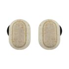 Two wireless earbuds with a speckled, beige exterior and black inner tips. They are placed side by side on a white background.