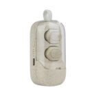 A pair of wireless earphones in an eco-friendly, beige charging case with a transparent lid. The case has a compact, rounded design and a small loop at the top for easy carrying.