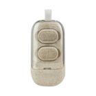 A pair of wireless earbuds in a transparent charging case with a beige, speckled design. The case features two visible earbud compartments and a small loop on top for carrying.