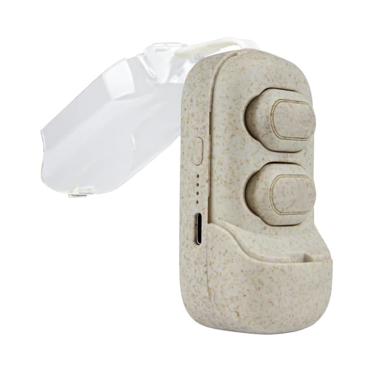 A beige hearing aid with two buttons and a transparent ear hook. The device has a textured surface and a small charging port on the side.
