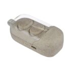A pair of wireless earbuds in an eco-friendly, stone-textured charging case with a transparent lid. The case has a USB charging port on the side.