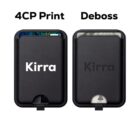 Two black cardholders side by side. The left one displays Kirra in white text, labeled 4CP Print. The right one shows Kirra embossed into the material, labeled Deboss. Each has a small tab at the bottom for easy card access.