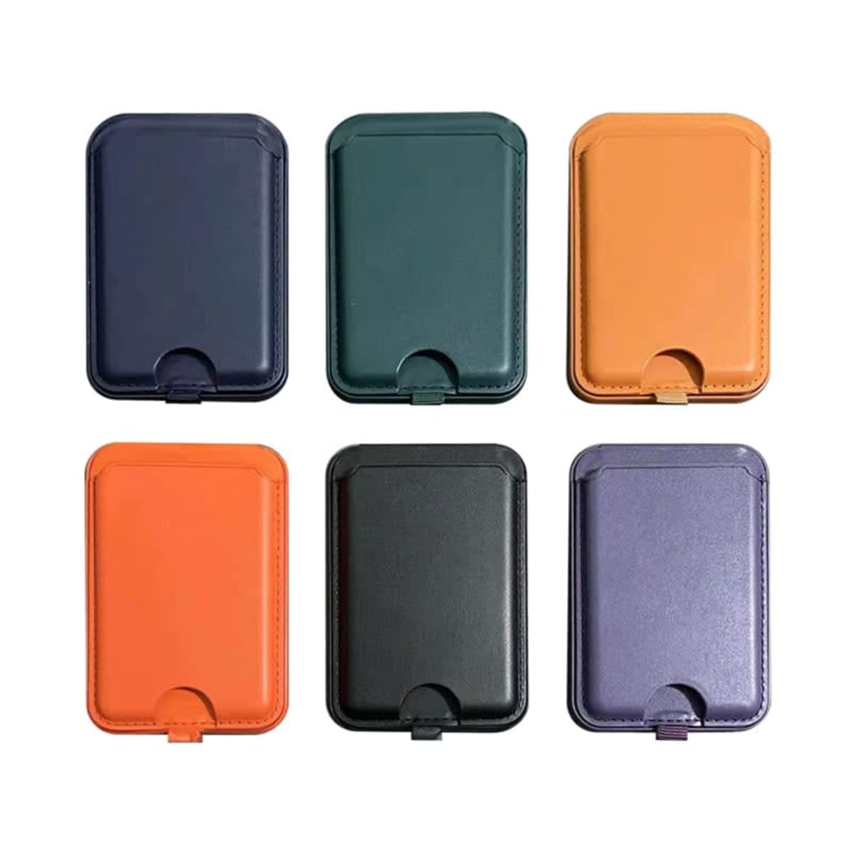 A collection of six rectangular leather cardholders in two rows, featuring colors: navy, dark green, orange, bright orange, black, and purple. Each cardholder has a semi-circular indent at the bottom.