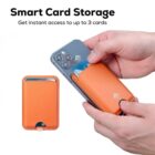 A person inserts a card into an orange card holder attached to the back of a smartphone. Text reads Smart Card Storage - Get instant access to up to 3 cards. An image of the card holder alone is also displayed to the left.