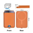 Orange MagSafe wallet with dimensions: 67mm wide, 98mm tall, and 10mm thick. The front shows slots holding 3 cards, and the rear is plain.