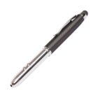 A black and silver stylus pen with a clip. The pen has a black rubber tip for using on touchscreens and a sleek, shiny body with two buttons on the side.