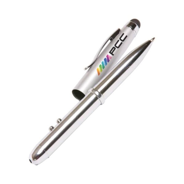 Silver stylus pen with a removable cap showcasing a colorful logo. The pen features a stylus tip for touchscreens and is designed with sleek, metallic detailing for a modern appearance.