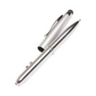 A sleek silver pen with a shiny metallic finish is seen with its cap removed and placed beside it. The pen features two buttons along its body and a clip on the cap. The design is modern and polished.