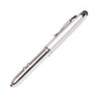 A silver laser pointer pen with a stylus tip on one end and a clip near the top. The pen has a sleek, metallic finish, and several small buttons are visible along its body.