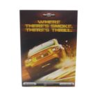 A dynamic poster shows a yellow Toyota racing car drifting energetically with smoke trails. The text reads, Where Theres Smoke, Theres Thrill, against a fiery background. Logos and Arabic text are at the bottom.