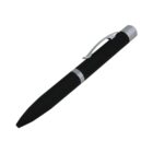 A sleek black pen with silver accents and a pocket clip lies diagonally on a white background. The pen has a smooth, matte finish and features a modern, stylish design.