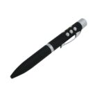 A black laser pointer pen with metallic accents, featuring three small buttons near the top and a clip attached to the side. The pen has a sleek, modern design against a plain white background.
