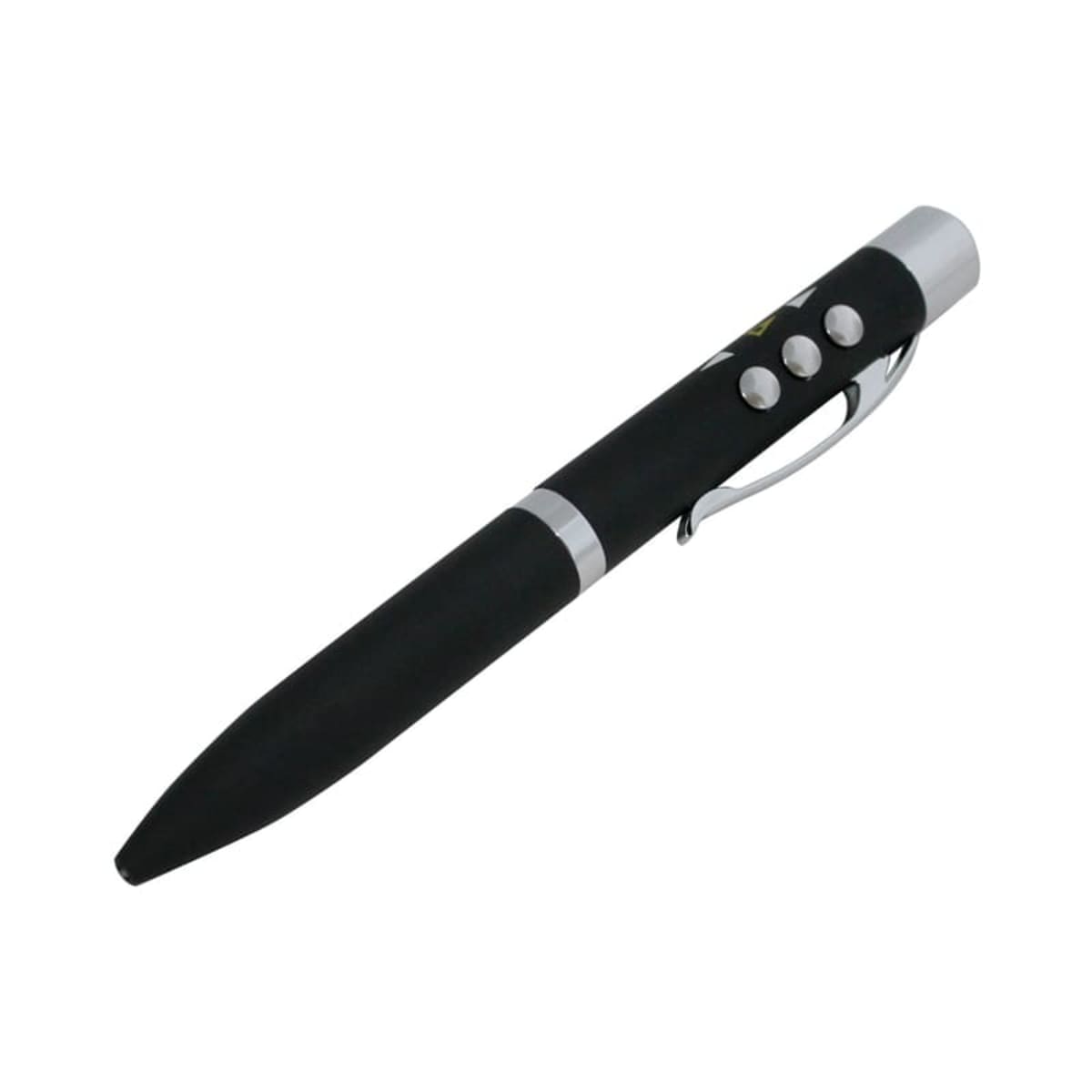 A black laser pointer pen with metallic accents, featuring three small buttons near the top and a clip attached to the side. The pen has a sleek, modern design against a plain white background.