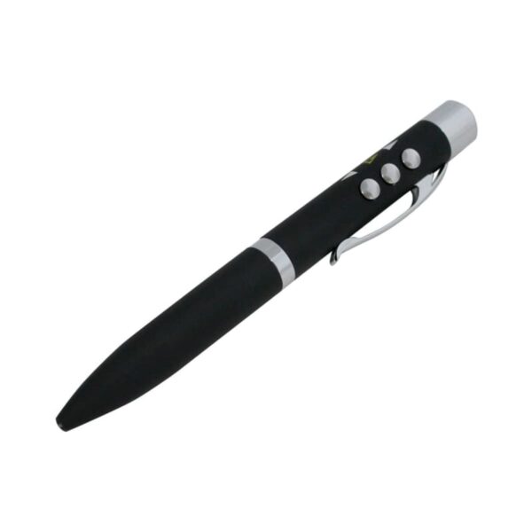 A black and silver pen angled diagonally against a white background. The pen has a shiny silver clip and two silver buttons near the top.