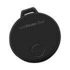 A round, black SwiftFinder Duo device featuring a small button and a loop for attaching to items. The text SwiftFinder Duo is printed on its surface.