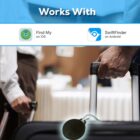 A person holds the handle of a suitcase in an airport setting. A digital tracker device is attached to the suitcase. Above, icons indicate compatibility with Find My on iOS and SwiftFinder on Android.