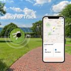 A smartphone displays a map with a SwiftFinder app interface, showing the location of keys. The background is a park with grass, trees, and a clear sky. Text reads Easy to Track.